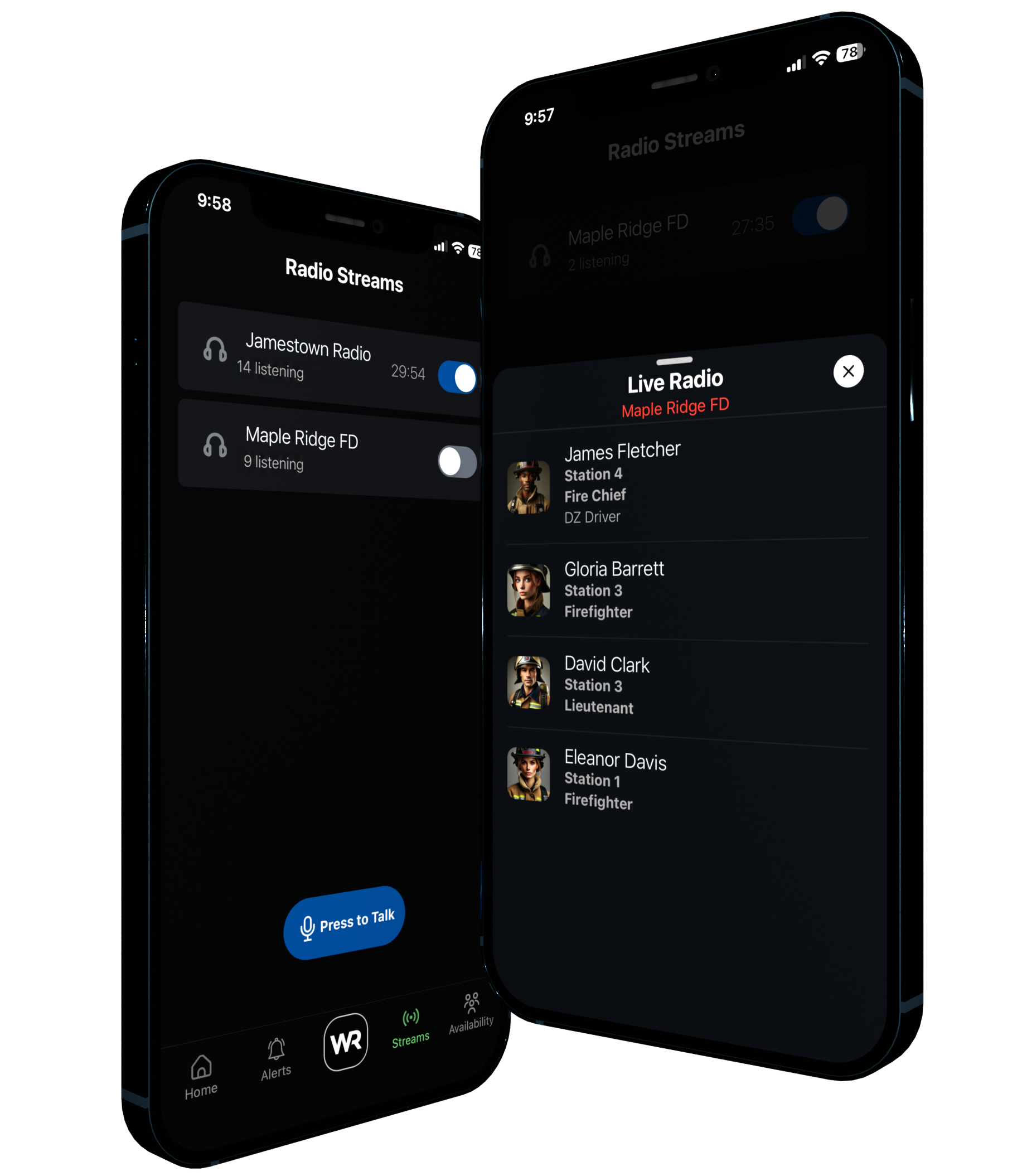 Diffusion radio en direct — capture d'écran de l'application Who's Responding